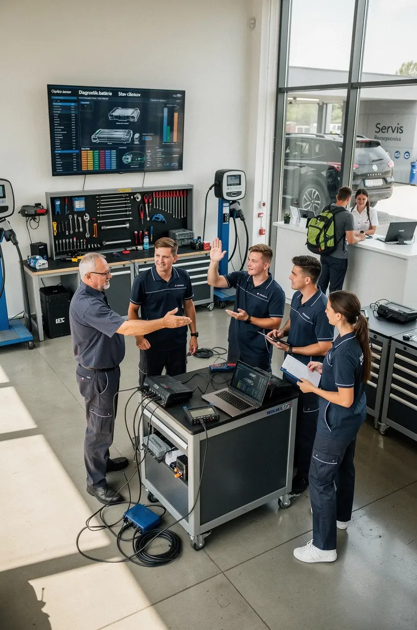 Servisné priestory s moderným vybavením pre údržbu a opravy batérií elektrických a hybridných vozidiel.