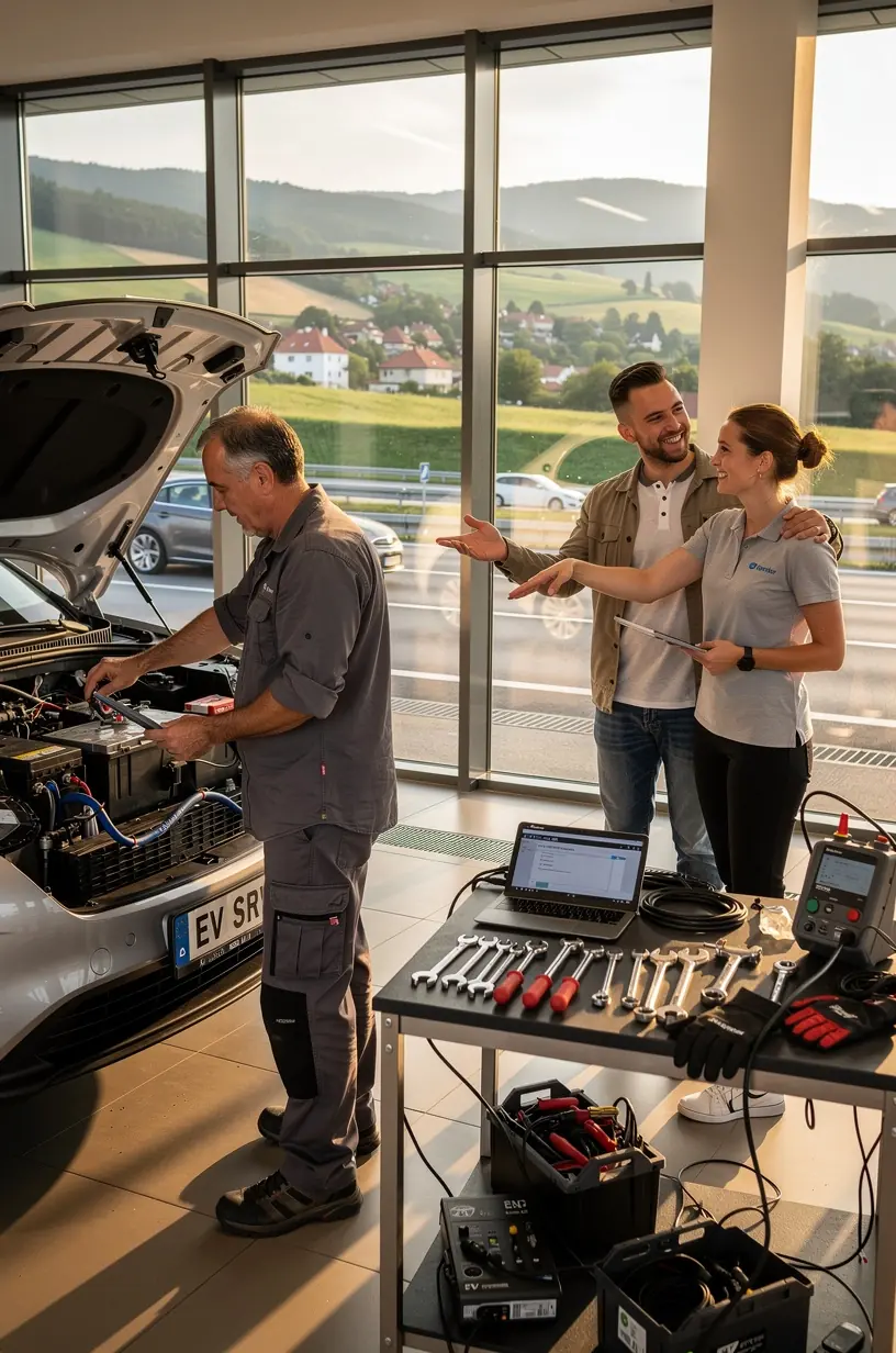 Servisný technik vykonávajúci údržbu batérie elektrického auta v profesionálnom servisnom stredisku.